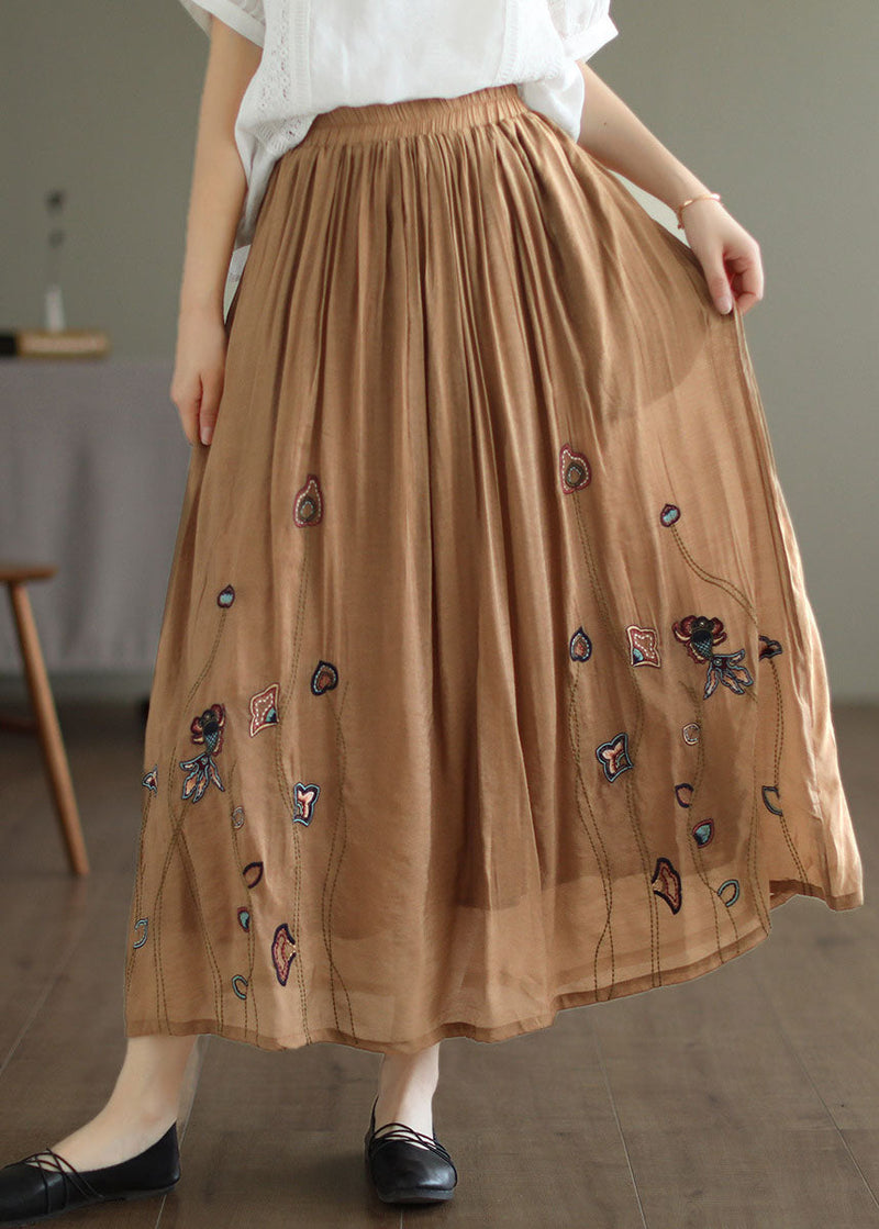 Black Elastic Waist Embroidered Linen Silk Skirt Spring