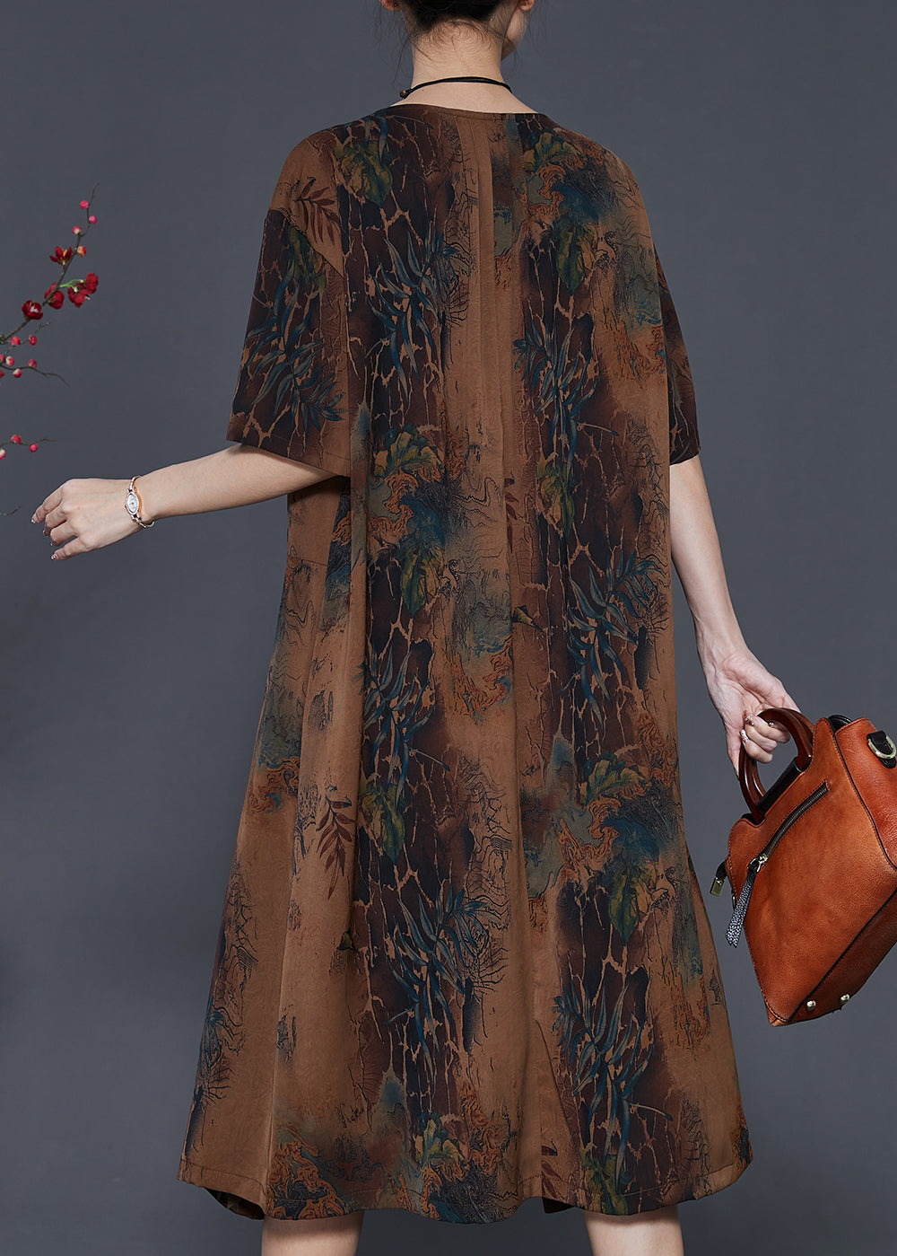 Stylish Coffee Oversized Print Pockets Silk Maxi Dresses Summer