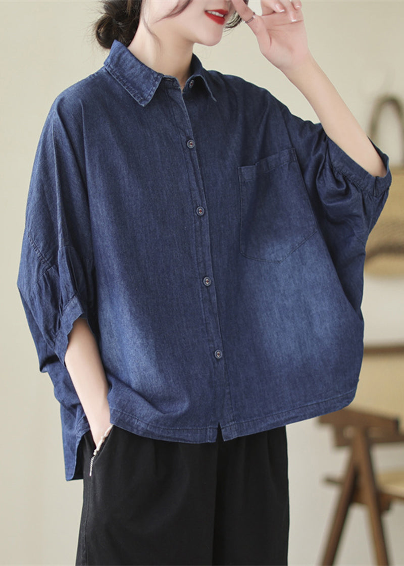 Navy Oversized Washed Denim Blouses Batwing Sleeve