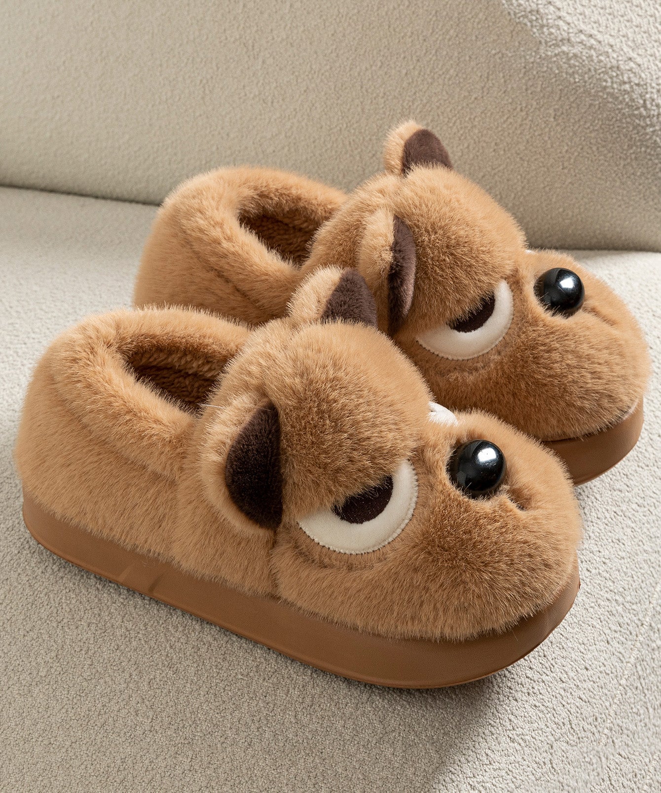 Brown Splicing Cartoon Fuzzy Fur Flat Feet Shoes