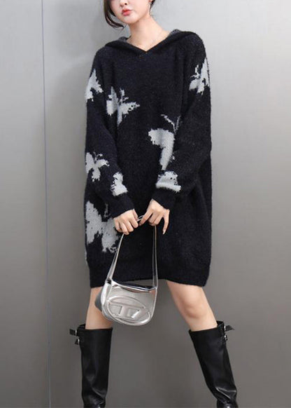 Black V Neck Thick Print Cotton Knit Sweaters Winter