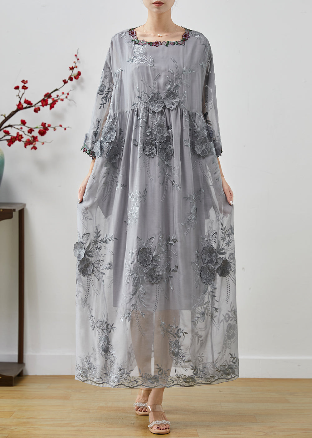 Grey Embroidered Silk Party Dress Fall