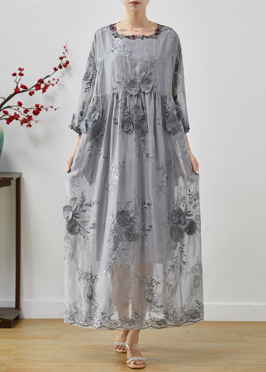 Grey Embroidered Silk Party Dress Fall