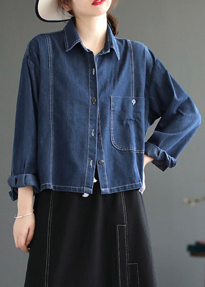 Blue Peter Pan Collar Patchwork Button Denim Coats Spring