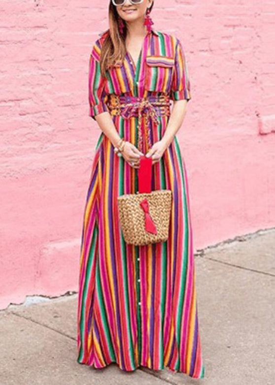 Rainbow Striped Button Tie Waist Maxi Shirts Dresses Summer