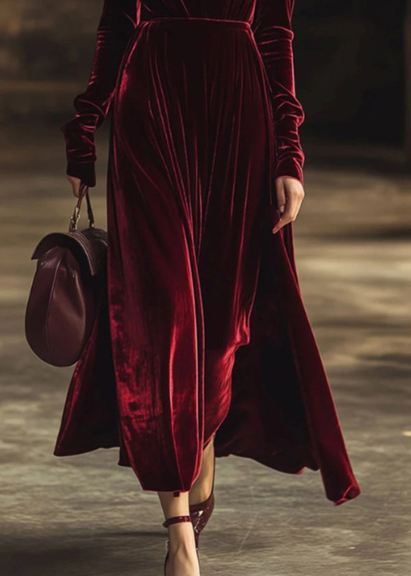 Blue V Neck Patchwork Velvet Long Dresses Fall