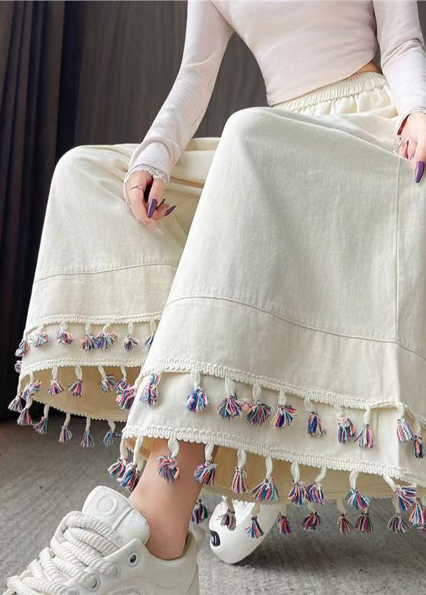 White Tasseled Patchwork Cotton Crop Pants Fall