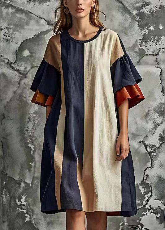Loose Colorblock O-neck Patchwork Cotton Dress Flare Sleeve