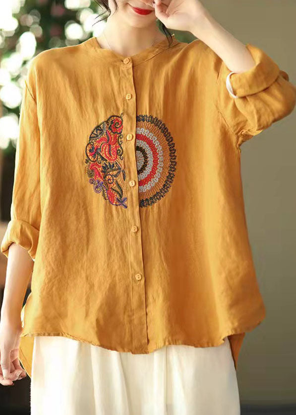 Yellow Button Linen Shirt Tops Stand Collar Long Sleeve