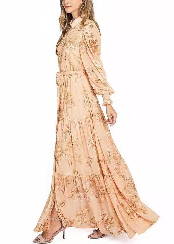 Orange Button Print Cotton Maxi Dresses Long Sleeve