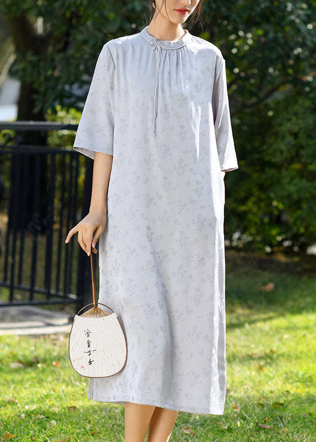 Handmade White Stand Collar Tassel Jacquard Silk Dress Summer