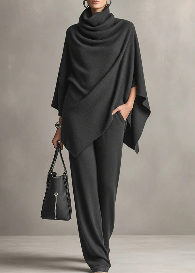 Loose Camel Turtleneck Pockets Tops and Pants Two-piece Set
