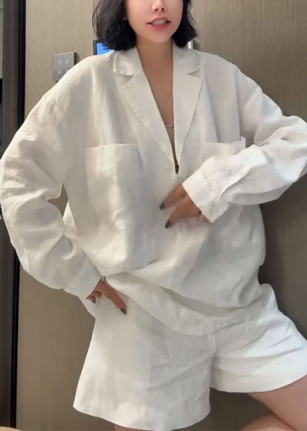 Loose White Peter Pan Collar Shirts and Shorts Linen Two Piece Set Summer
