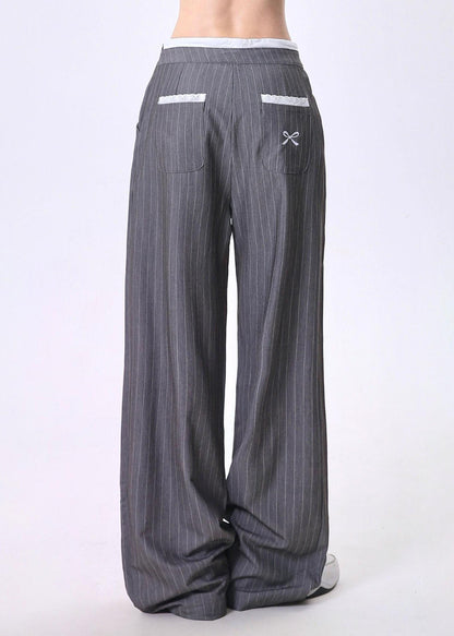 Grey Embroidered Bow Striped Patchwork Cotton Pants Spring
