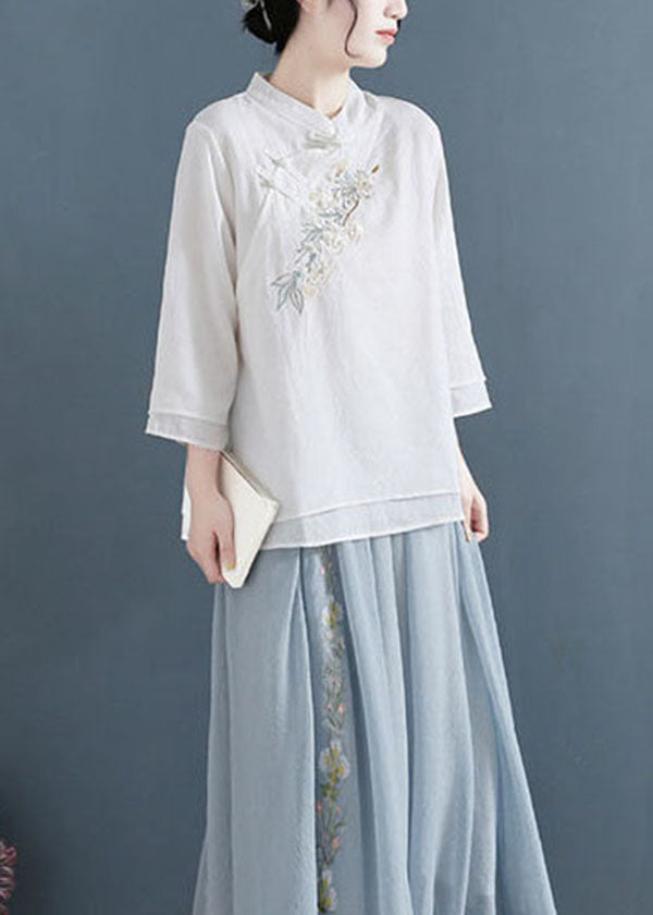 White Mandarin Collar Cotton Fake Two Piece Shirts Three Quarter Sleeve