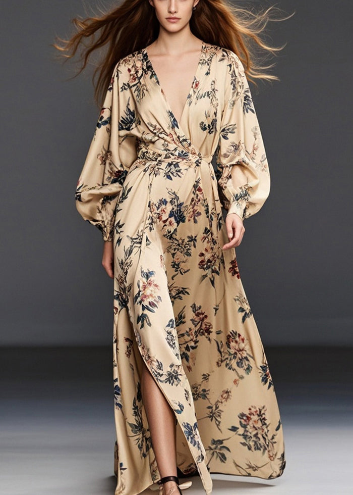 Khaki Print Side Open Chiffon Long Dress Fall