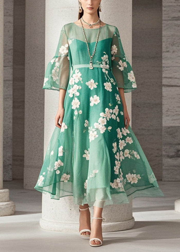 Green Print Chiffon Long Dresses Summer