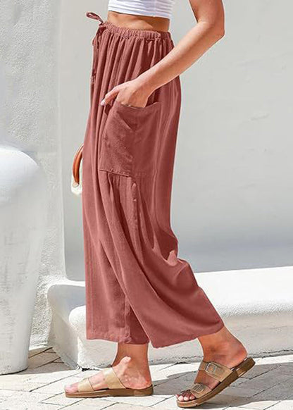 White Pockets Elastic Waist Cotton Pants Summer
