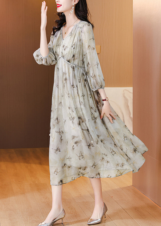 V Neck Print Lace Up Chiffon Long Dress Lantern Sleeve
