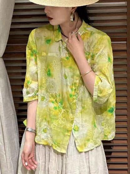 Summer Flower Slant Button-up Ramie Shirt