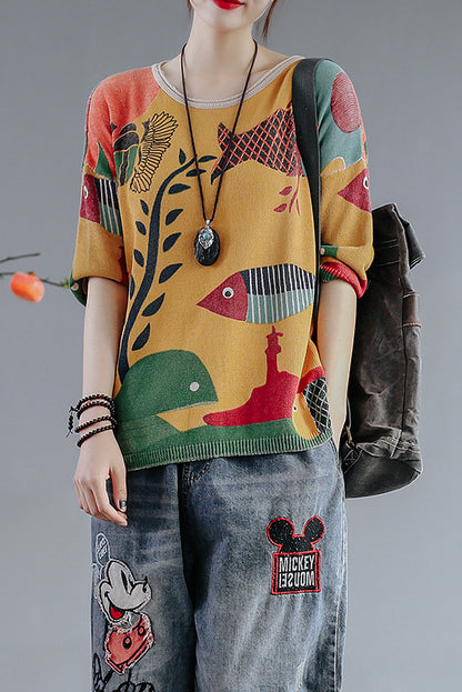 New Style Small Fish Print Sweater Loose Knit Sweater Top