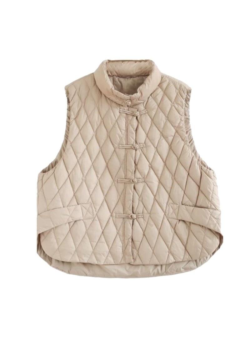 Coffee Oriental Button Fine Cotton Filled Vest Sleeveless