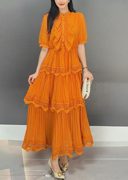 Orange Button Wrinkled Long Dress Summer