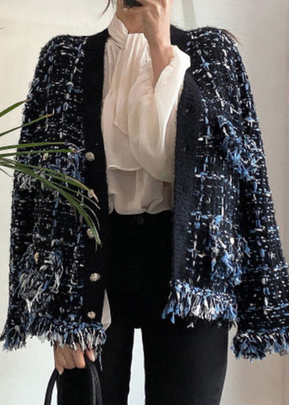 Art Black V Neck Button Pockets Knitted Cotton Coats Fall