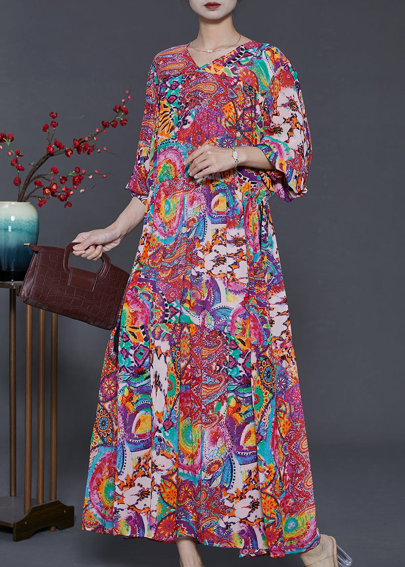 Purple Print Chiffon Holiday Dress Cinched Exra Large Hem Summer