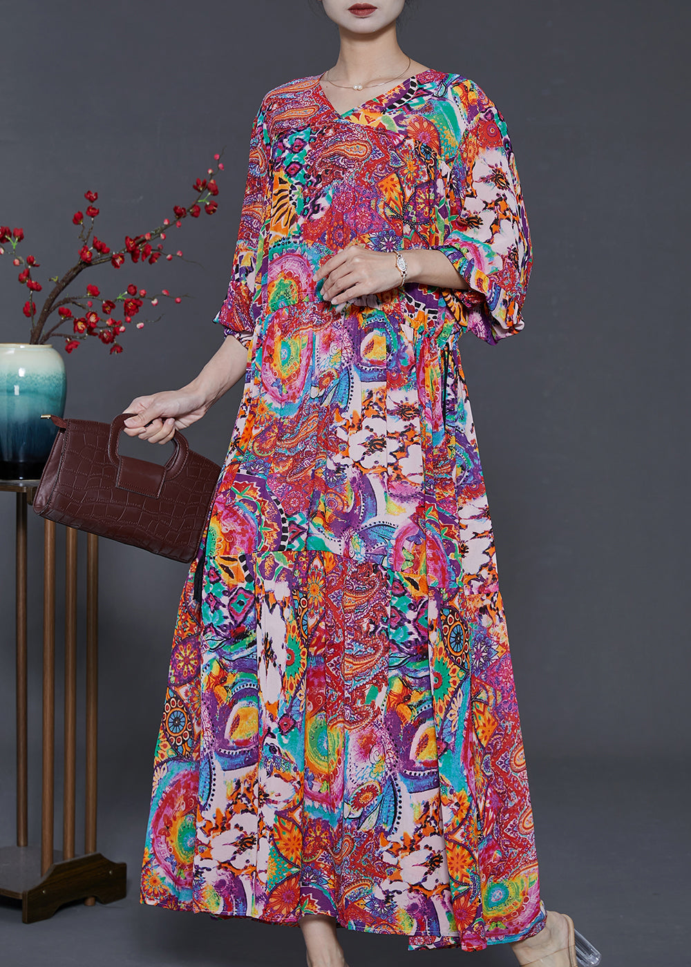 Purple Print Chiffon Holiday Dress Cinched Exra Large Hem Summer