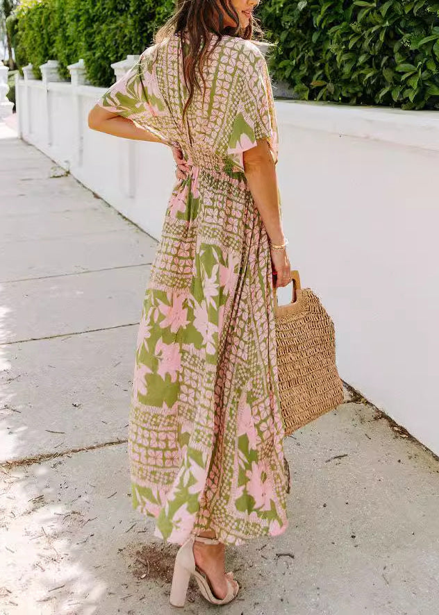 V Neck Print Side Open Chiffon Vacation Dresses Batwing Sleeve