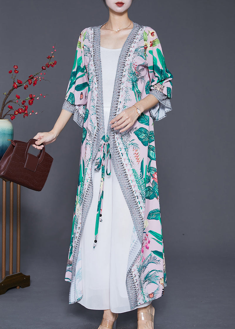 Green Leaf Print Lace Up Chiffon Long Cardigan Fall