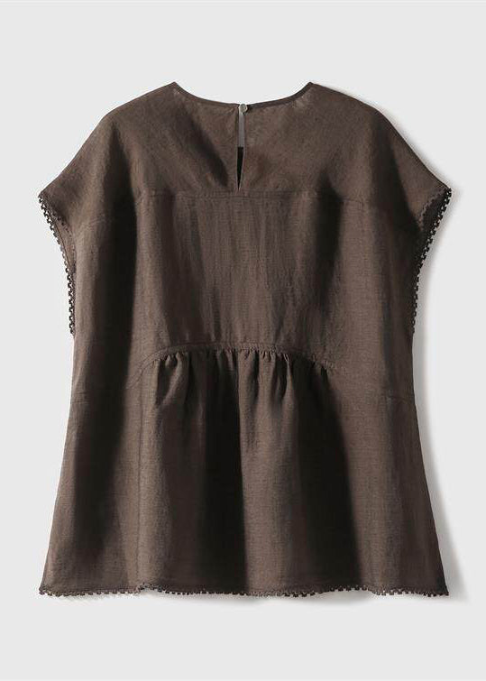 Art Brown Oversized Patchwork Wrinkled Linen Tank Tops Summer