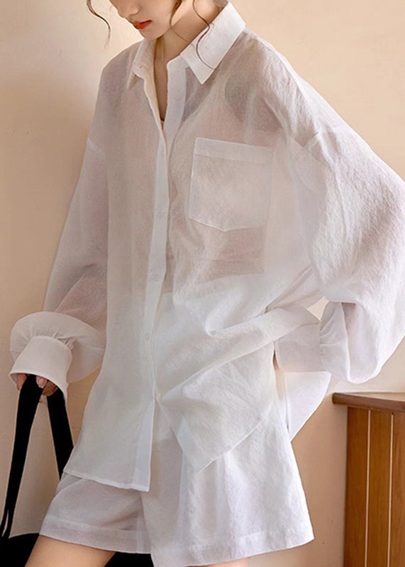Simple White Pockets Shirts and Shorts Two Piece Suit Set Long Sleeve