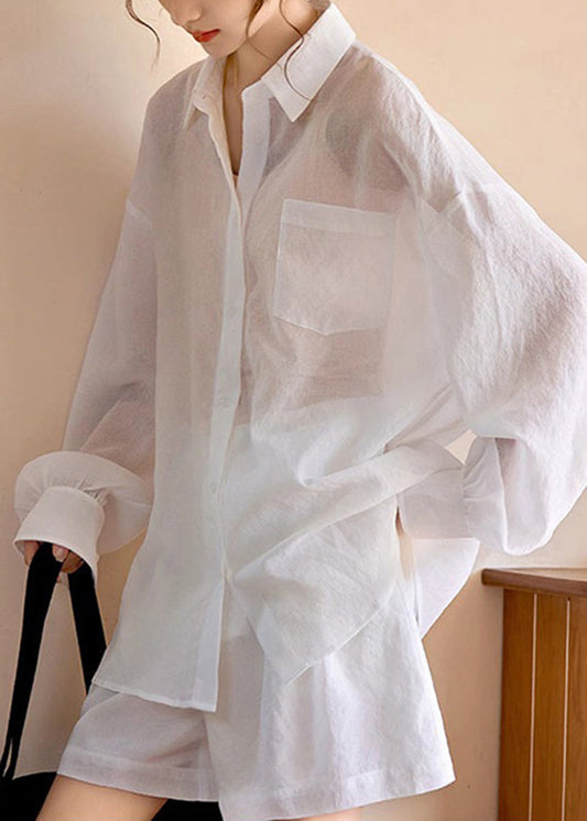 Simple White Pockets Shirts and Shorts Two Piece Suit Set Long Sleeve