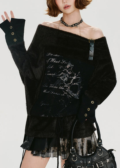 Diy Black Slash Neck Cold Shoulder Print Knit Shirts Winter