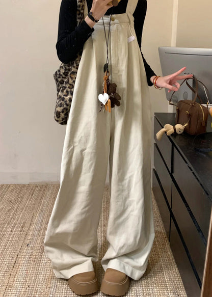 Beige Denim Wide Leg Jumpsuit High Waist Summer