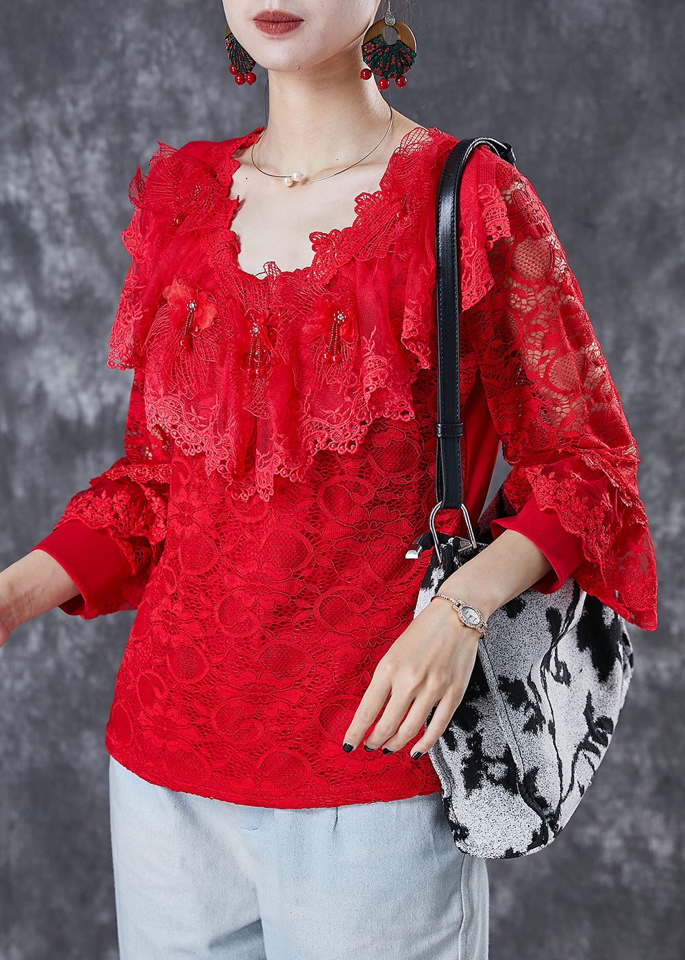 Red Hollow Out Nail Bead Lace Shirt Top Summer