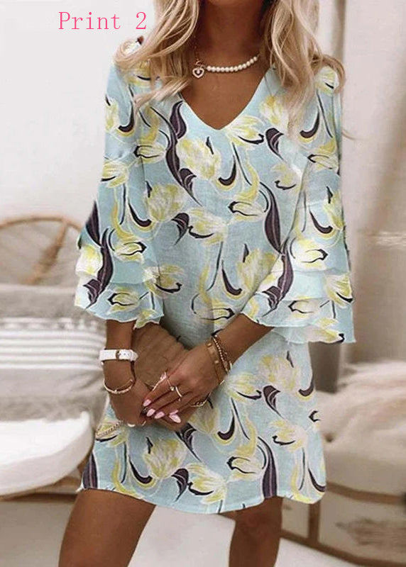 V Neck Print Cotton Mid Dresses Flare Sleeve