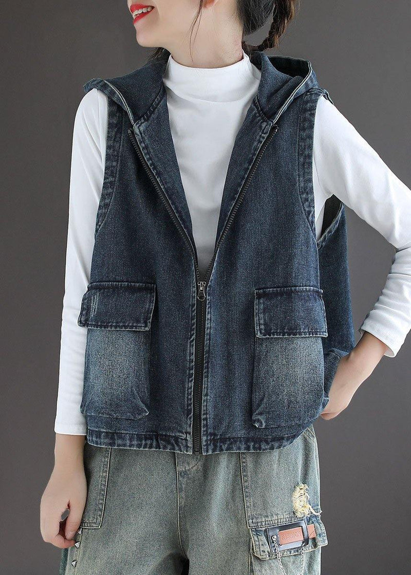 Blue Denim Zippered Pockets Fall Sleeveless Waistcoat