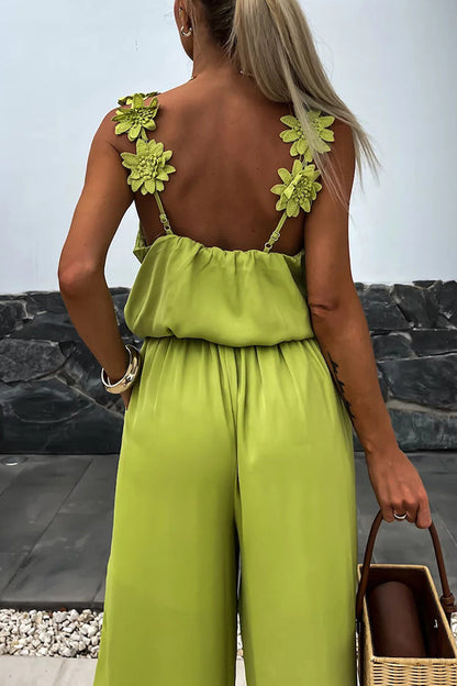 Color Embroidered Flower Suspenders Loose Jumpsuit