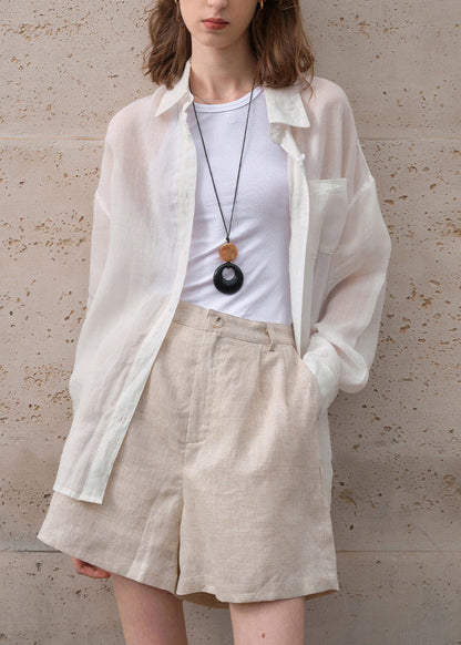 New White Peter Pan Collar Button Linen Shirt Top Summer