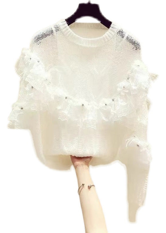 Novelty White Patchwork Nail Bead Knit Sweaters Fall