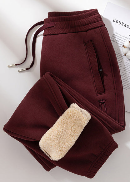 Grey Pockets Elastic Waist Teddy Warm Fleece Pants Winter