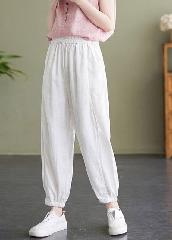 Handmade White Elastic Waist Beam Pants Summer