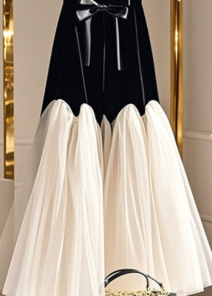 Black Bow High Waist Tulle Patchwork Silk Velvet Skirt Spring