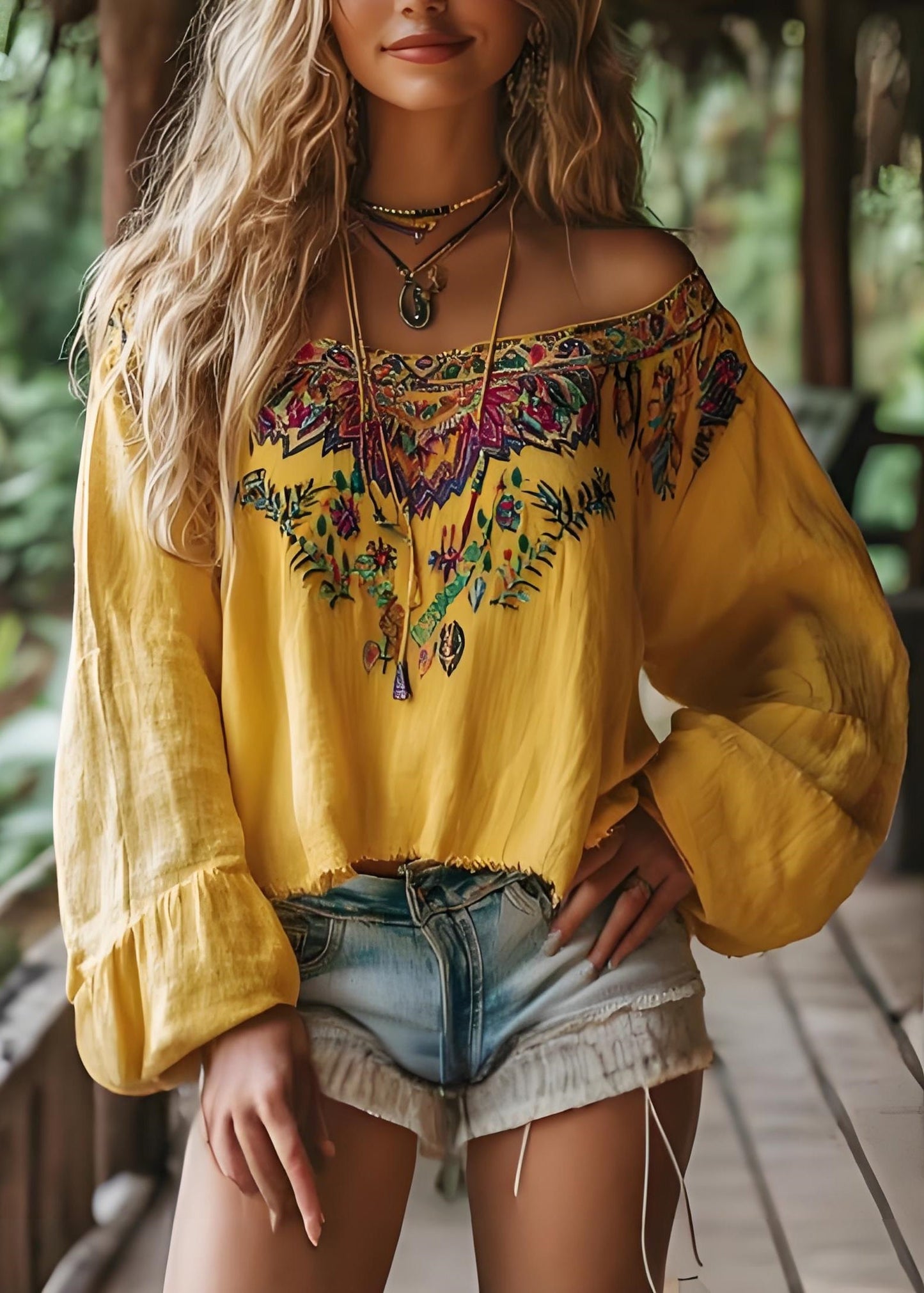 Yellow Slash Neck Print Cotton Shirts Spring