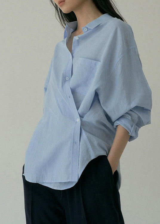 Loose Blue Peter Pan Collar Pockets Button Cotton Shirt Spring