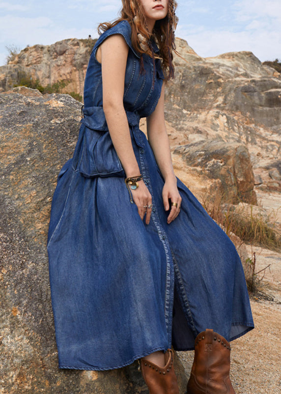 Navy Peter Pan Collar Patchwork Pockets Long Denim Dress Short Sleeve