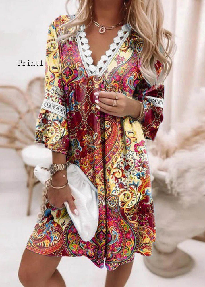 V Neck Print Patchwork Cotton Mid Dresses Summer